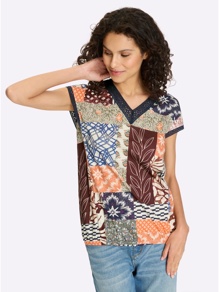 

Рубашка с V-образным вырезом и принтом цвета шампанского и темно-синего цвета Heine