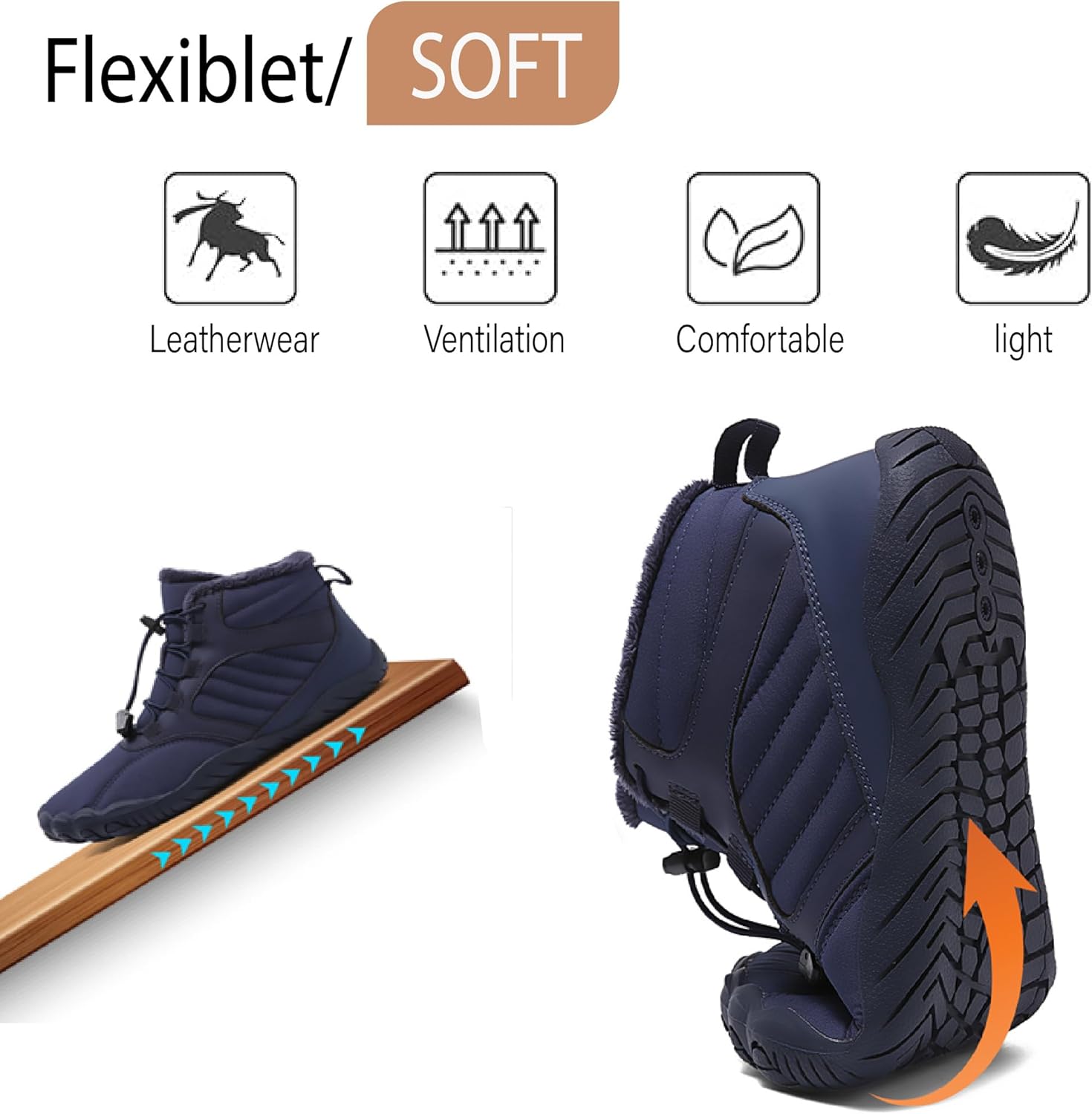 Зимние теплые ботинки Asifn Mens Barefoot с меховой подкладкой для походов, минималистичные, водонепроницаемые, противоскользящие хлопковые обувь, темно-синий — фото 4