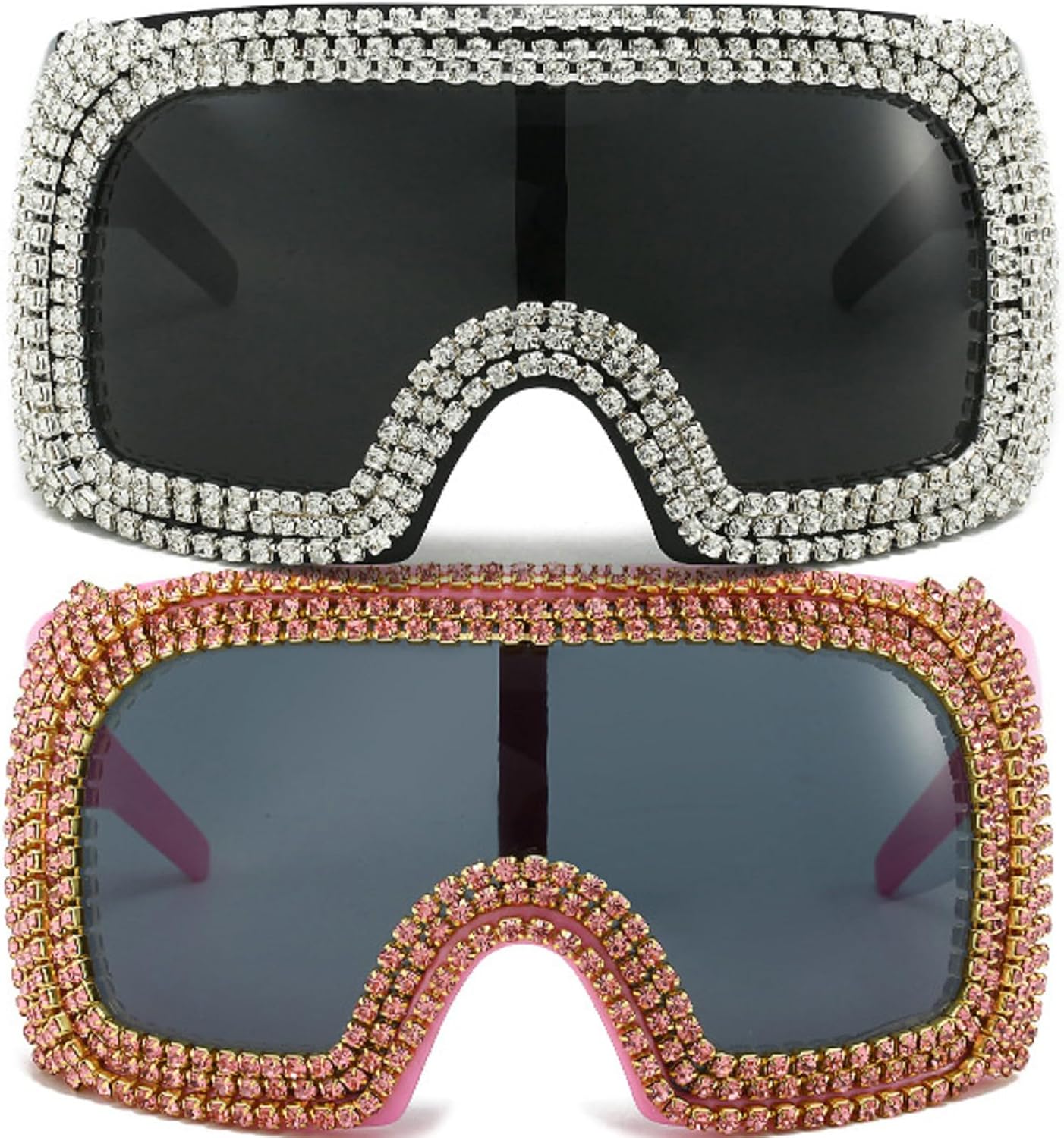 

Футуристические солнцезащитные очки со стразами для женщин, большие солнцезащитные очки с бриллиантами, модные солнцезащитные очки-щитки квадратной формы mincl, 2pcs-black&pink