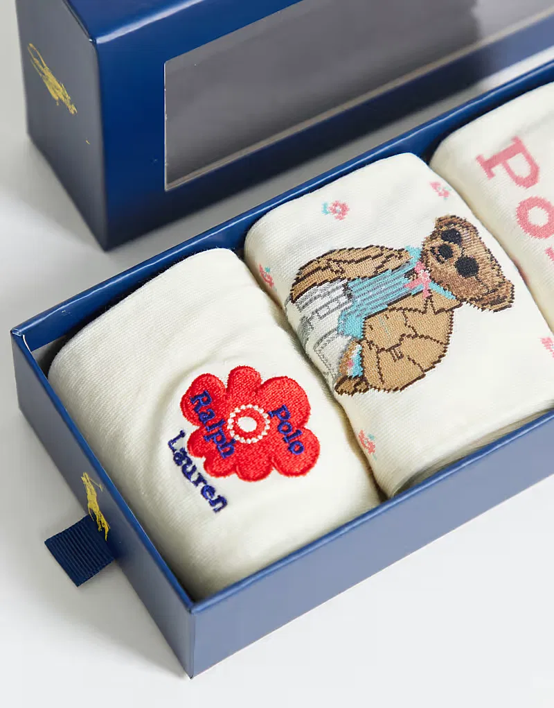 Набор из 3 пар носков Polo Ralph Lauren с изображением медведя в подарочной коробке, кремовый — фото 3