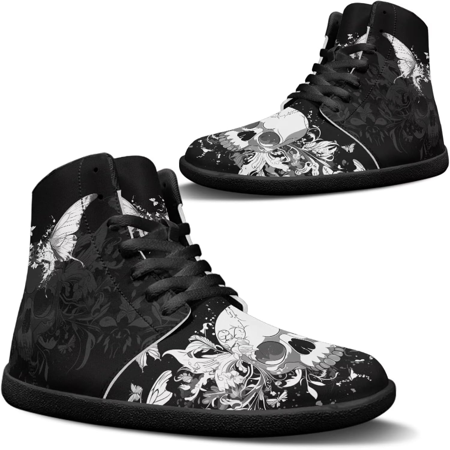 

Кроссовки Binienty для мужчин и женщин с высокой посадкой, без носка, на шнуровке, из искусственной кожи, противоскользящие, Punk Skull Butterfly Floral