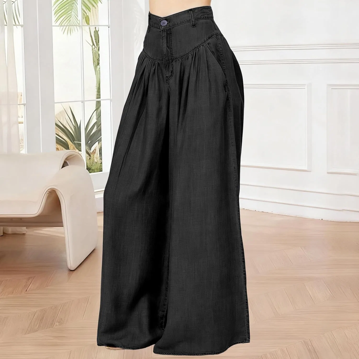 Джинсы женские, широкие, Pleated Jeans, черные — фото 4