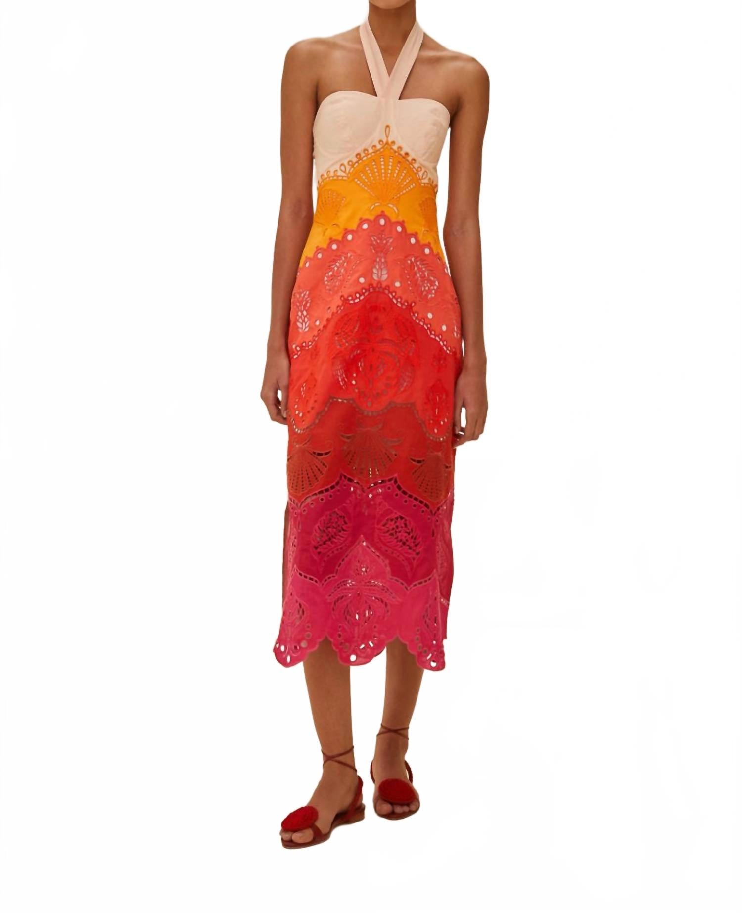 

Летнее градиентное омбре платье миди ришелье в мульти FARM Rio