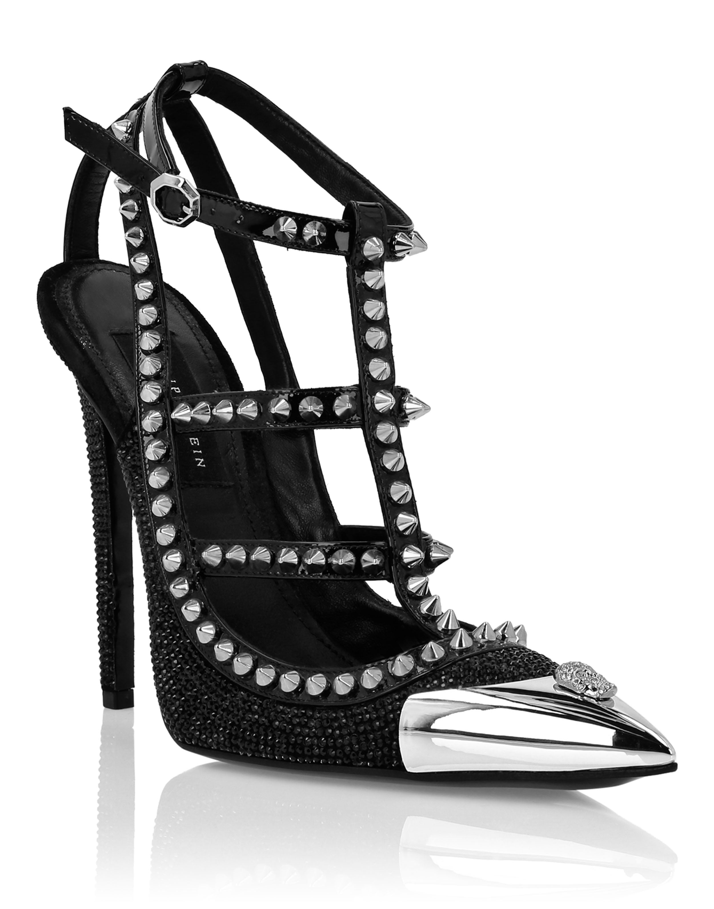 Кожаные стразовые босоножки на высоком каблуке со шпильками PHILIPP PLEIN, черный