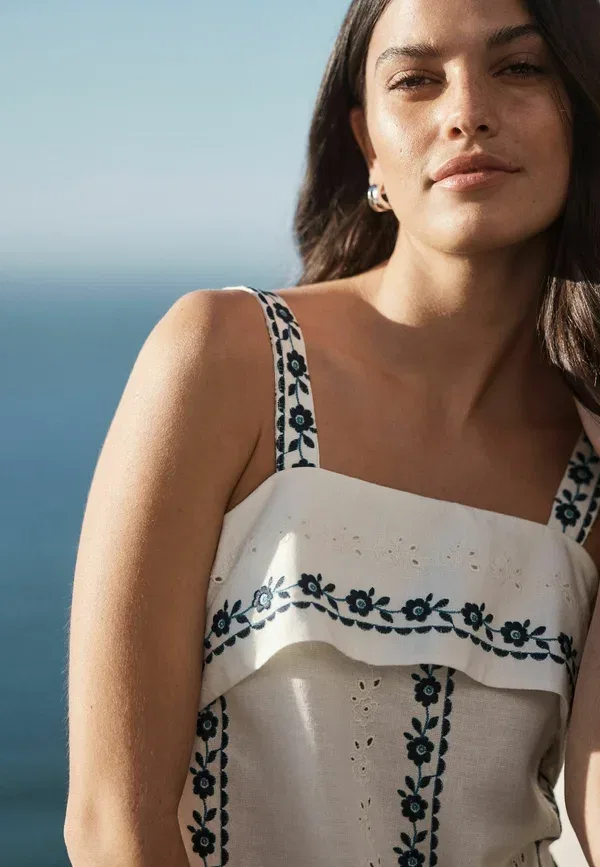 Платье мини Next, Tall fit strappy foldover, бело-голубая цветочная вышивка — фото 4