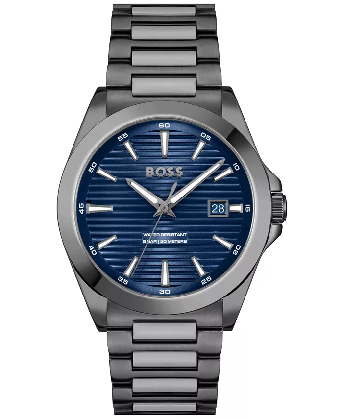 

Мужские часы Strike Quartz Basic Calendar с ионным покрытием, серый стальной корпус, 41 мм Hugo Boss