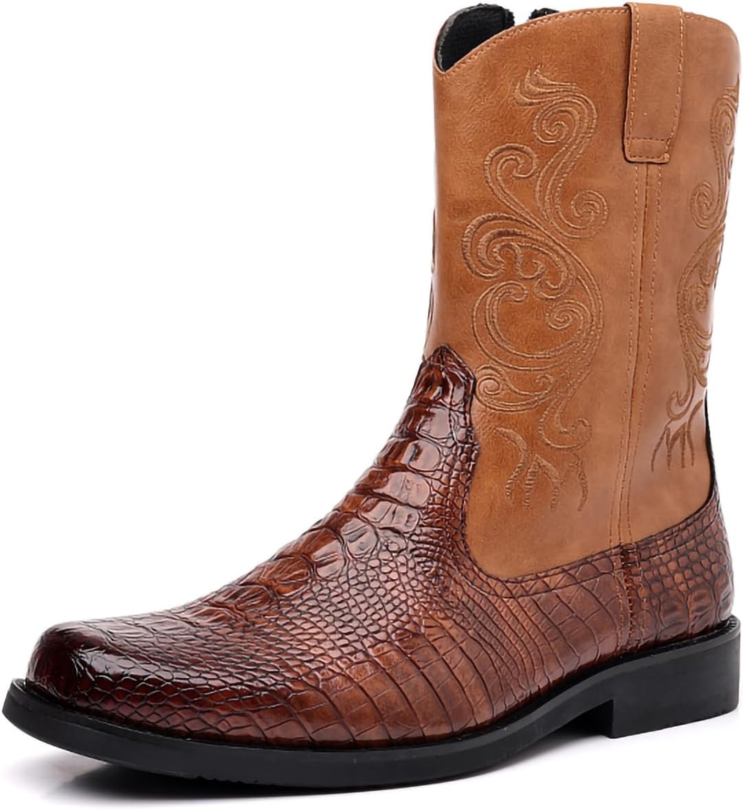 

Мужские ковбойские сапоги с боковой молнией, квадратным носком, узором под крокодила, из искусственной кожи до середины голени с аппликацией и вышивкой Generic, коричневый