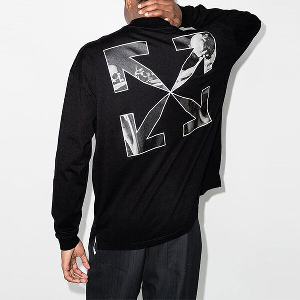 Футболка Men's OFF-WHITE FW21 Logo Alphabet Arrow Round Neck Long Sleeves Loose Fit Black T-Shirt, черный — фото 4