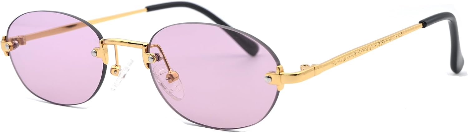 

Солнцезащитные очки Onrtry Retro Small Oval для женщин и мужчин, модные солнцезащитные очки без оправы, винтажные узкие очки, дизайнерские солнцезащитные очки в стиле Y2K, A03 Gold/Purple