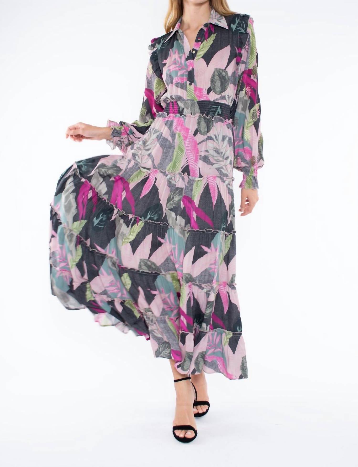 

Emma Smocked Waist Maxi In Pink Leaf TAJ by SABRINA CRIPPA