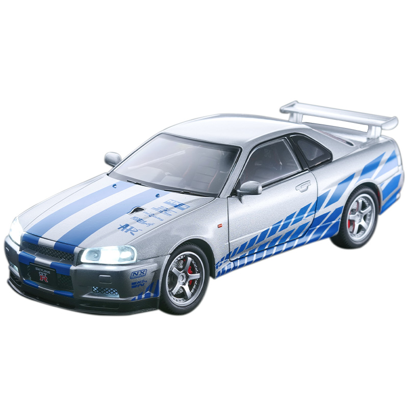 

Chi Yu Car Play 1 24 Skyline GTR R34 сборная модель автомобиля из сплава CHIYUCHEWAN, Nissan Skyline GTR серебряный синий Stripes