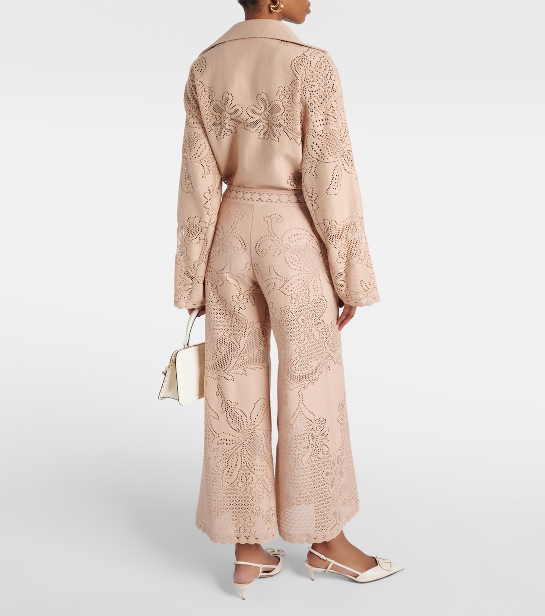 Широкие брюки из гипюрового кружева Valentino, Poudre — фото 3