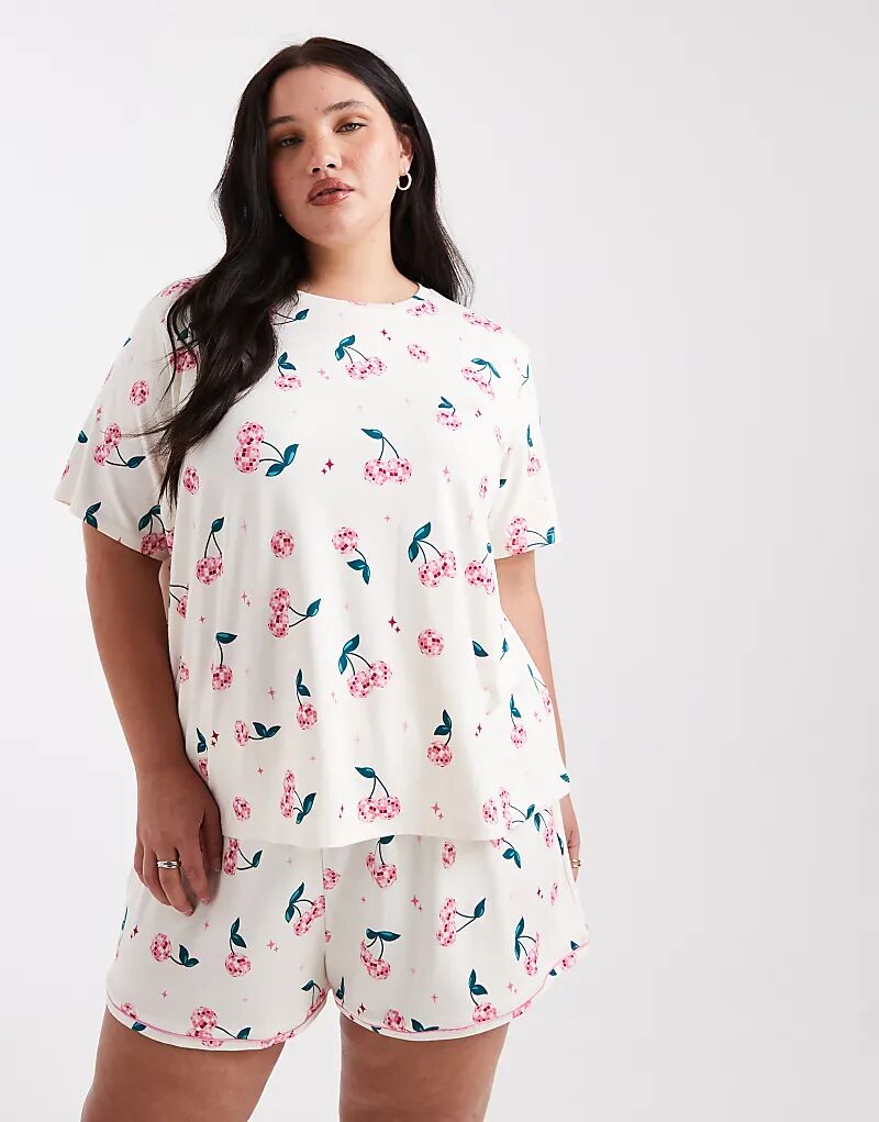 

Пижамный комплект Urban Threads Curve с принтом вишни в диско-стиле розового цвета