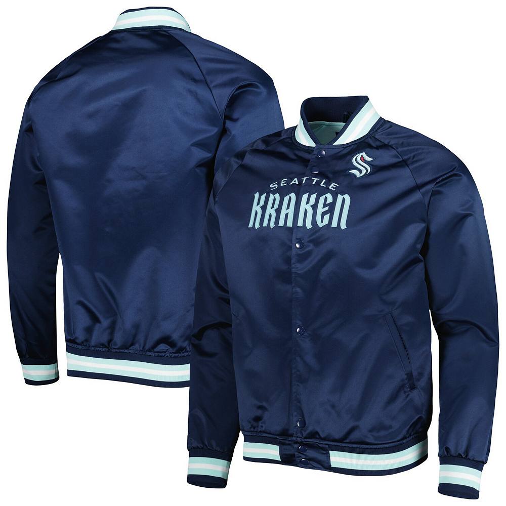 

Мужская атласная университетская куртка с длинными кнопками реглан Mitchell & Ness Deep Sea Seattle Kraken, цвет Krk Navy