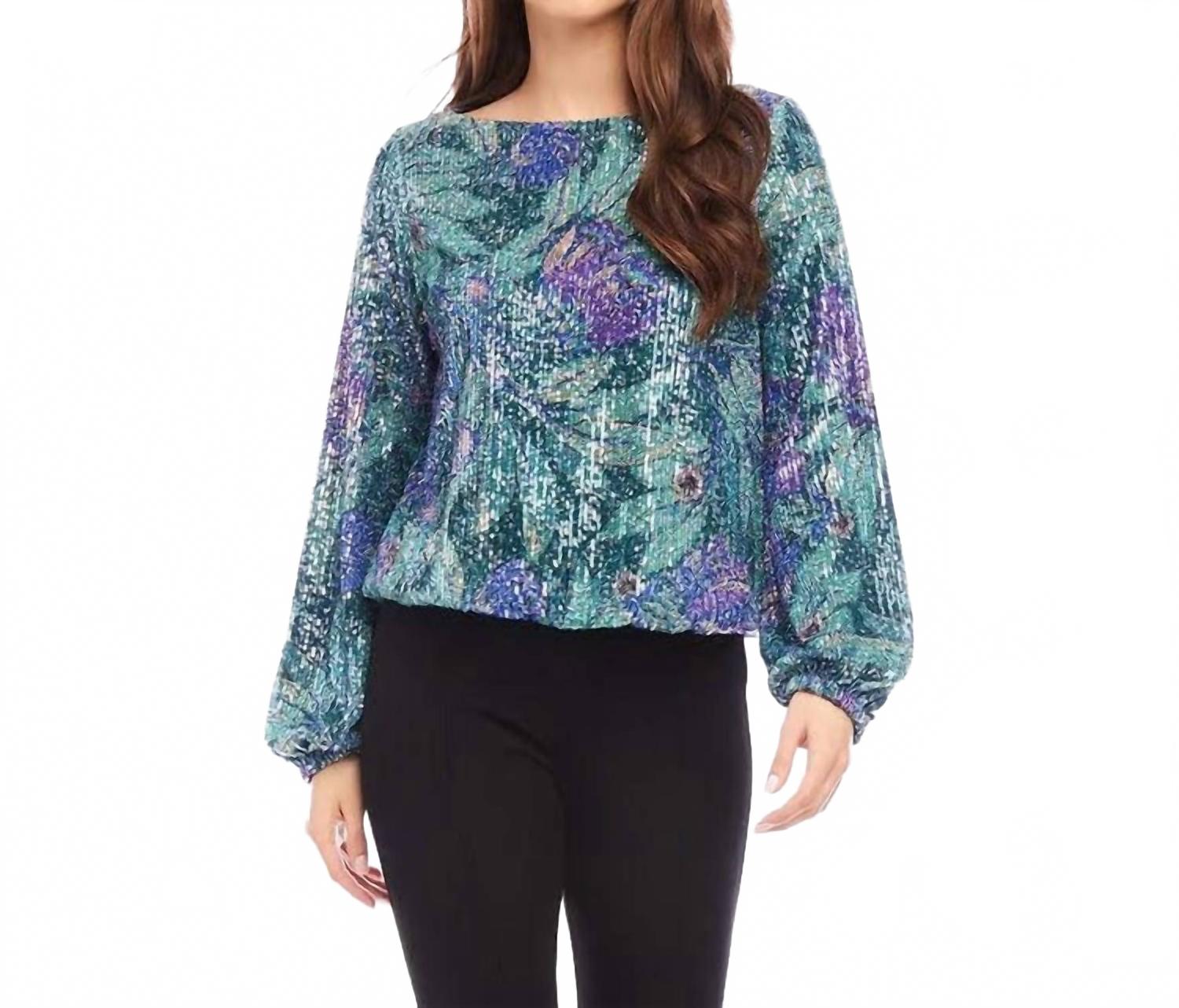 

Блестящая блузка с лодочкой в сине-зеленом цвете Karen Kane