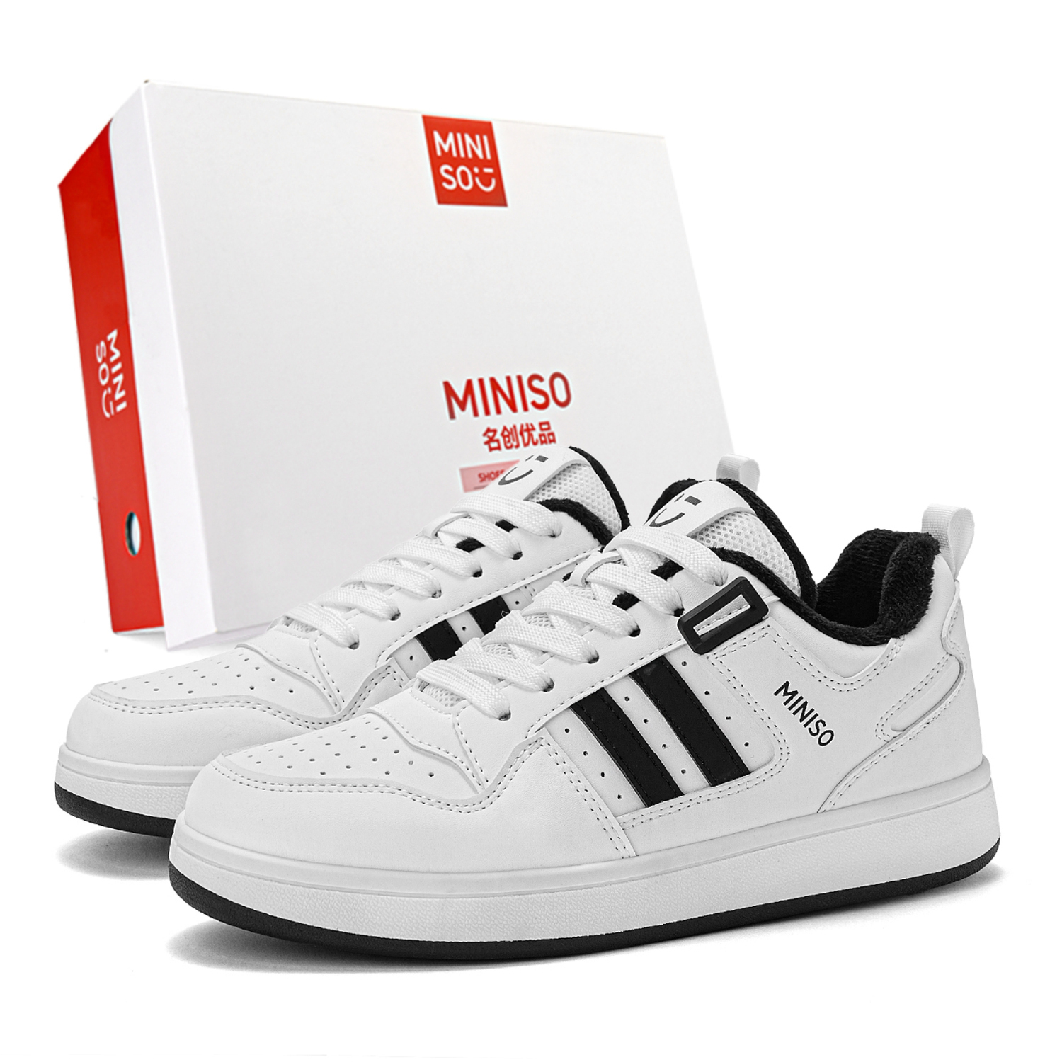 

MINISO Низкие скейтерские кроссовки унисекс бело-черные с флисовой подкладкой, цвет White Black Fleece-Lined Box