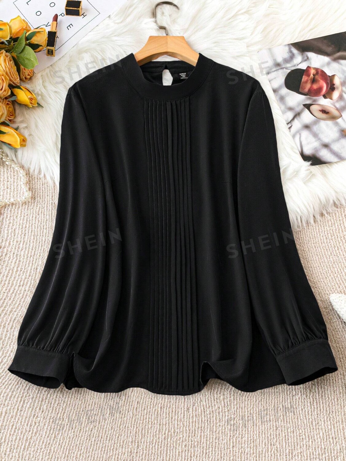

Clasi plus size, Однотонная, плиссированная рубашка с длинными рукавами, подходит для весны и лета Shein, черный