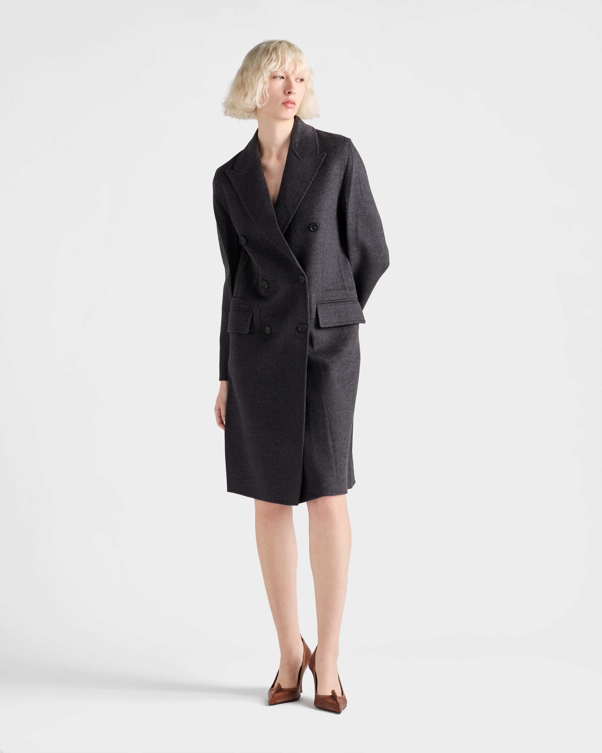 Двубортное пальто из двойного кашвула Prada, серый — фото 2