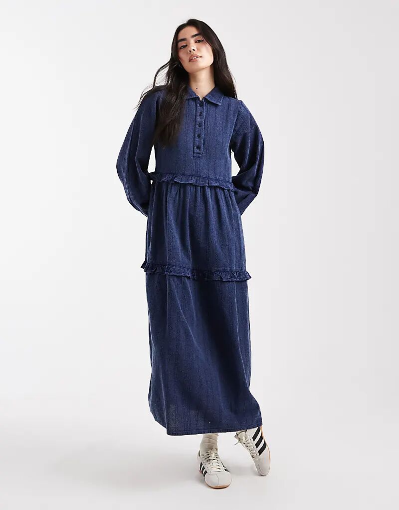 

Платье мидакси Native Youth с текстурированной полоской и оборками, темно-синего цвета