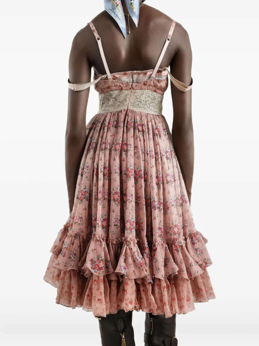 Кружевное платье мини с цветочным принтом DOLCE & GABBANA, розовый — фото 4