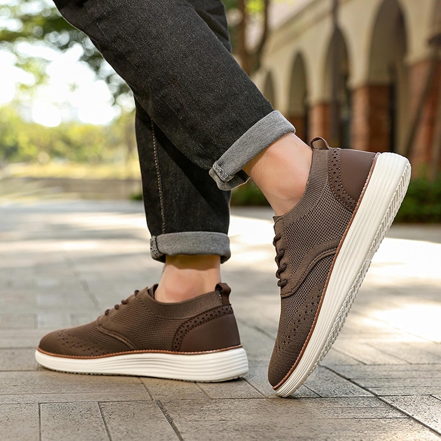 Мужские кроссовки Oxfords, легкие вязаные слипоны на шнуровке, сетчатые лоферы, классические нескользящие кроссовки для спорта, тренажерного зала, тенниса и ходьбы Xjypuu2, коричневый — фото 2