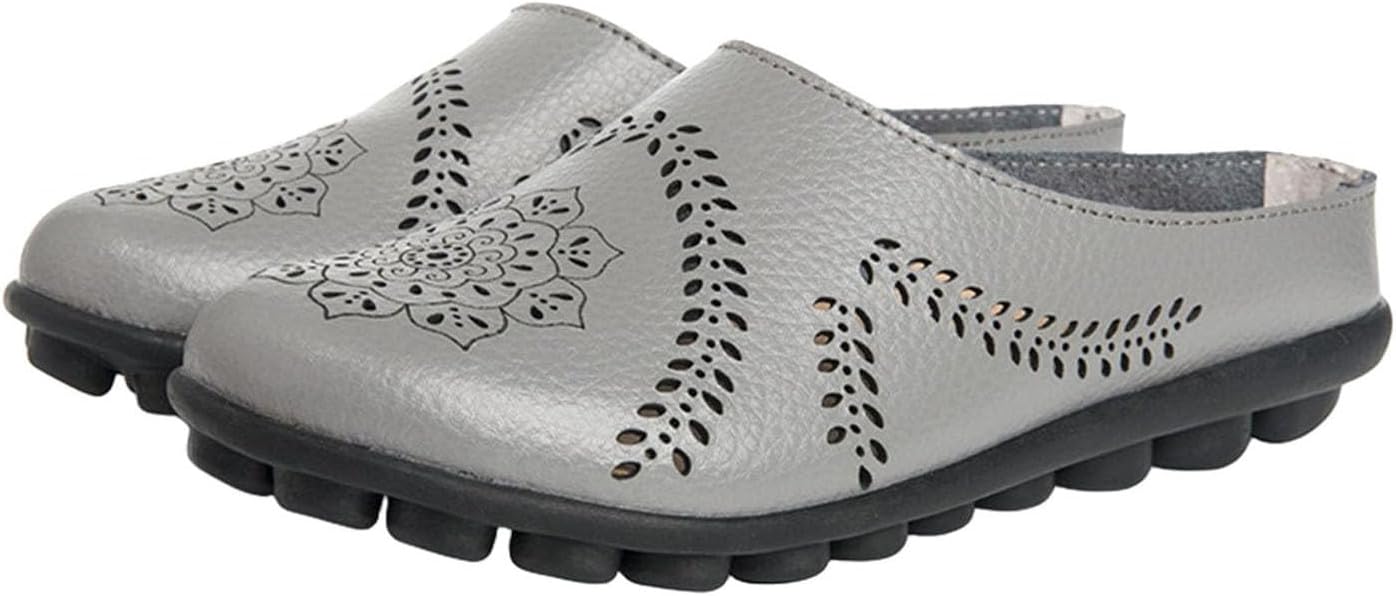 

Повседневные сандалии-тапочки с вырезами для женщин, удобные дышащие мюли, летние балетки, комфортные лоферы на плоской подошве, кожаные слипоны-лоферы Generic, серый