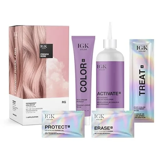 Набор для стойкого окрашивания волос IGK | RG French Rose - Светло-розовый блонд | 100% закрашивание седины + Укрепление + Блеск | Без аммиака для длинных/густых волос (134.66 г, 2 шт.), Light Rosy Blonde — фото 2