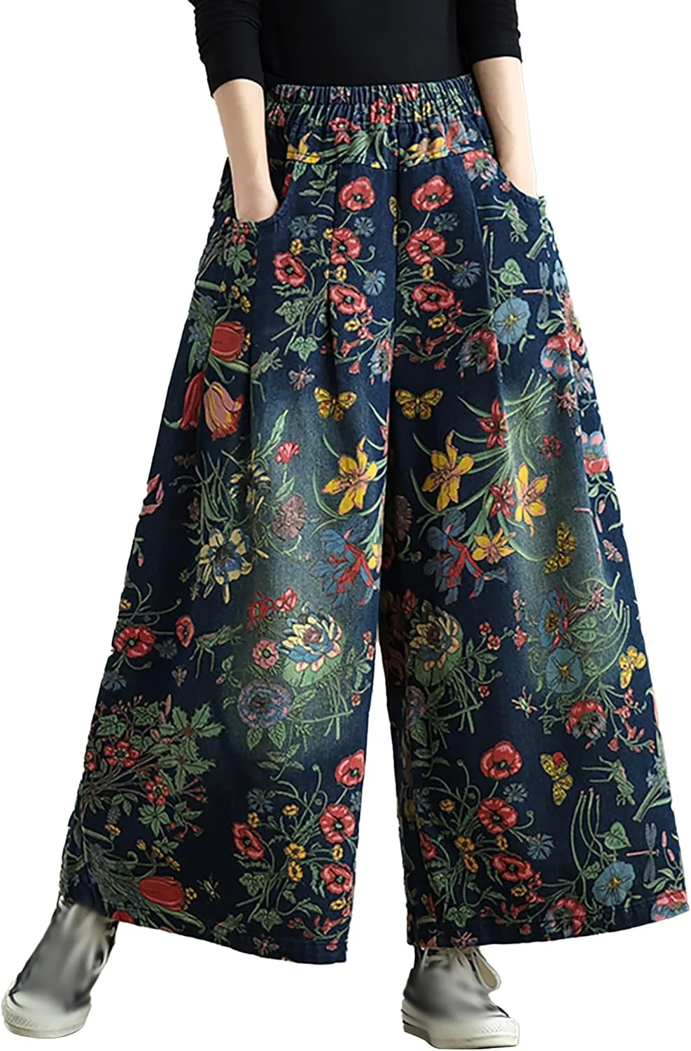 

LAI MENG FIVE CATS Женские джинсы свободные на резинке широкие с карманами