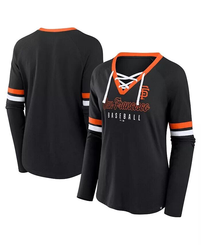 

Женская черная футболка San Francisco Giants Won Done Raglan Lace-Up с длинным рукавом Fanatics