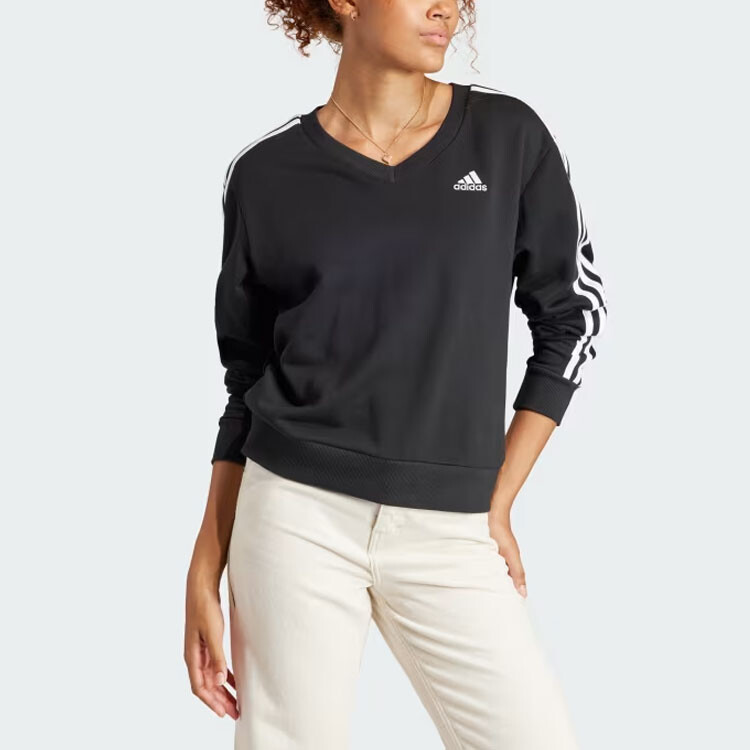 Женская толстовка Essentials с тремя полосками и V-образным вырезом, черная Adidas — фото 4