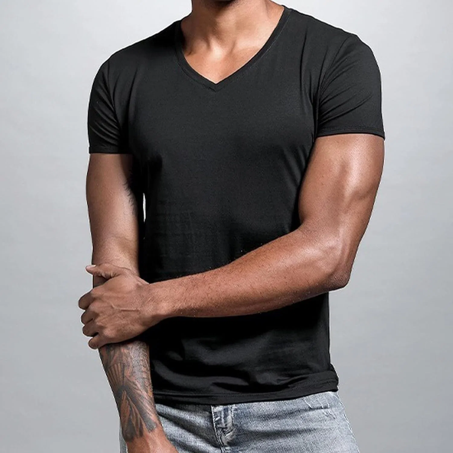 Футболка мужская с V-образным вырезом, короткий рукав, хлопок, Black — фото 3