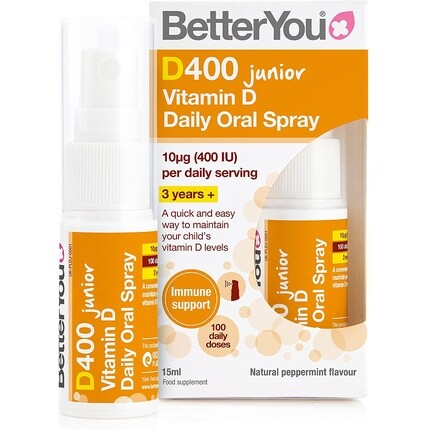 

BetterYou D400 Junior Витамин D Ежедневный спрей для полости рта 400 МЕ Натуральный вкус перечной мяты 15 мл