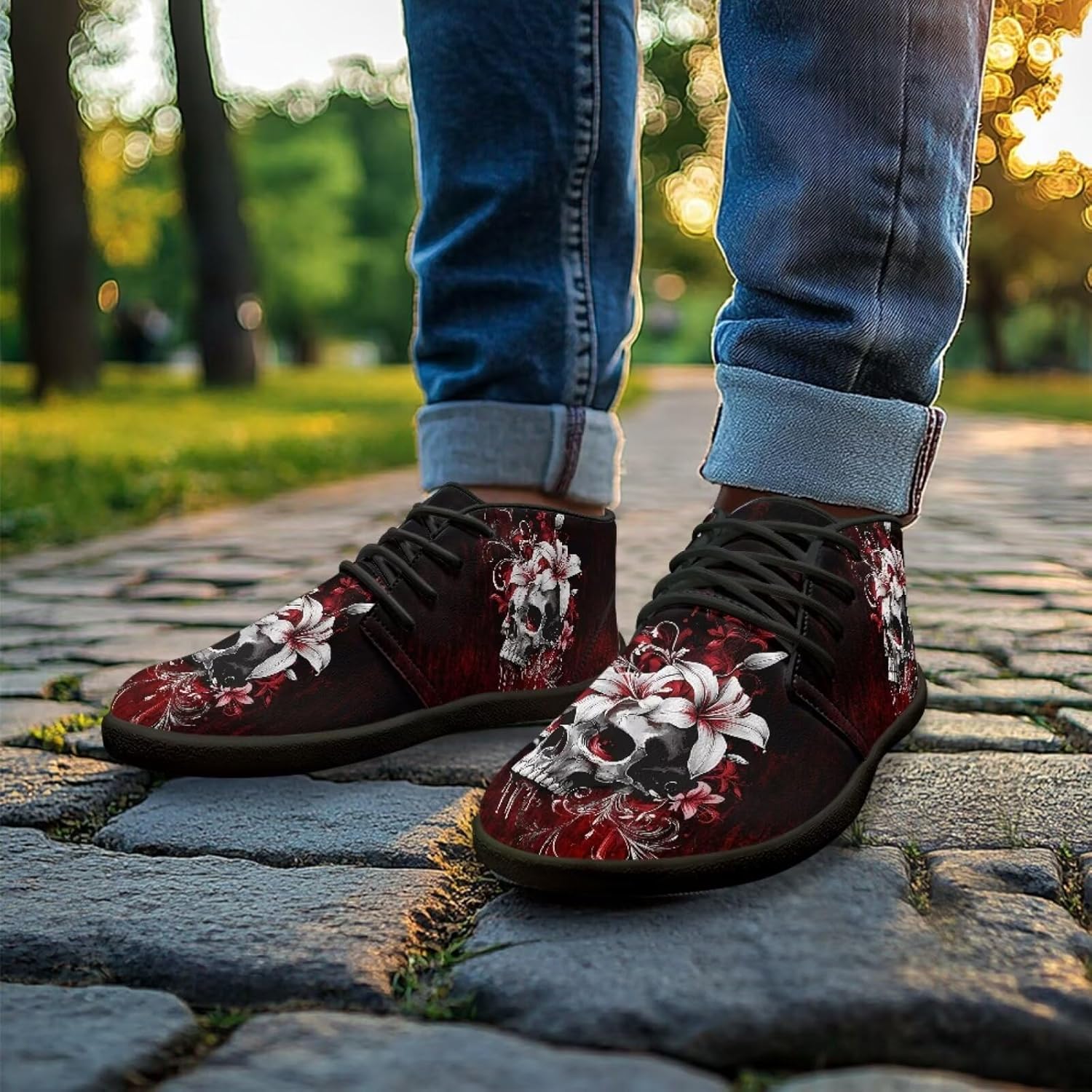 Мужские кроссовки Men's Skull Barefoot с голой пяткой, с широким носком, для ходьбы, минималистичные кроссовки-тренеры с подошвой без подъема Pointodoor, Skull Hawaiian Hibiscus — фото 3