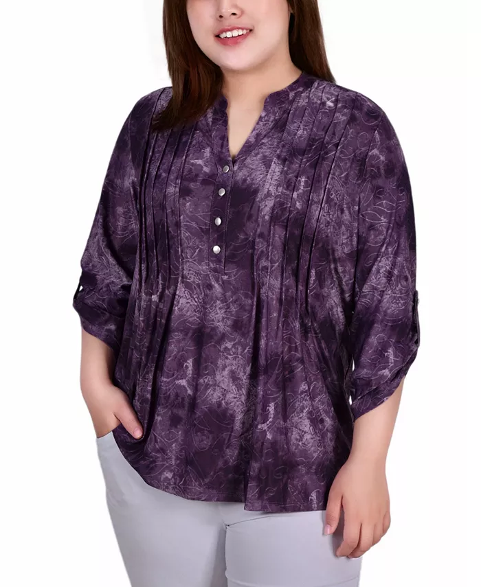 

Женский топ с Y-образным вырезом и рукавами 3/4 с манжетами, plus size NY Collection, мультиколор