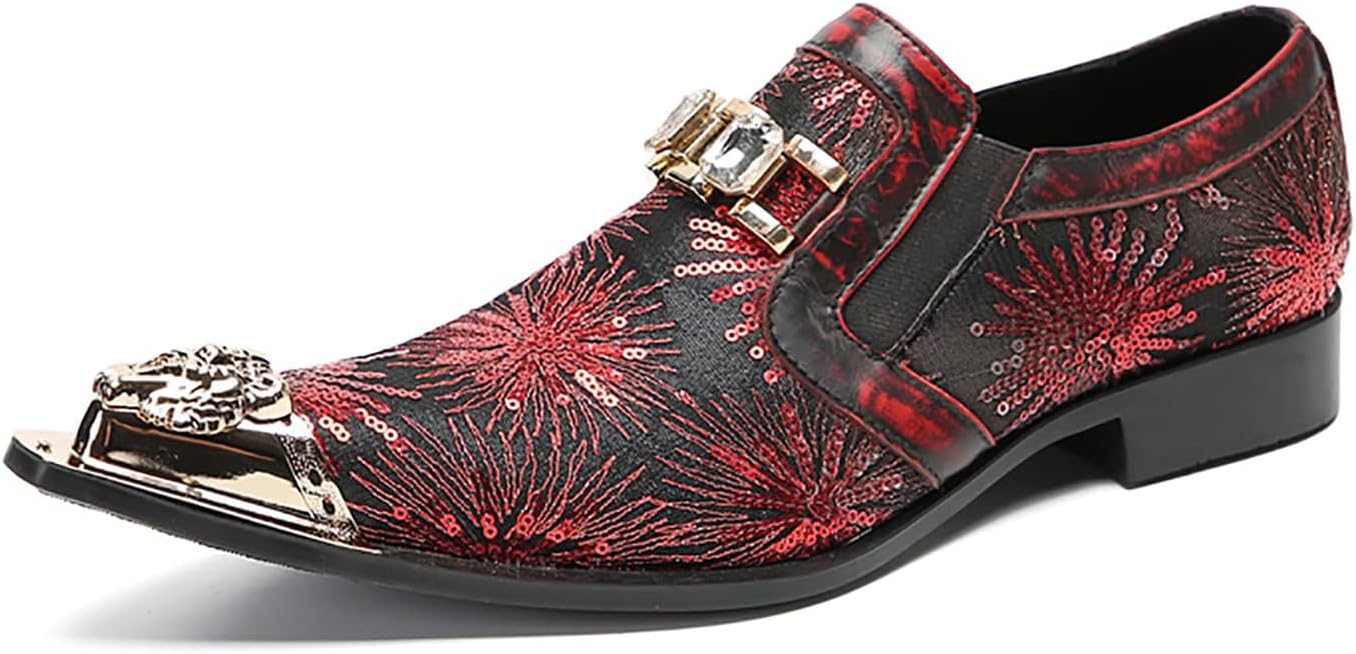 

Мужские слипоны Santimon Penny Loafers - повседневные туфли из натуральной кожи с металлическим носком «виингтип» и блестками «фейерверк» для свадьбы, бального зала и диско-вечеринки, красный