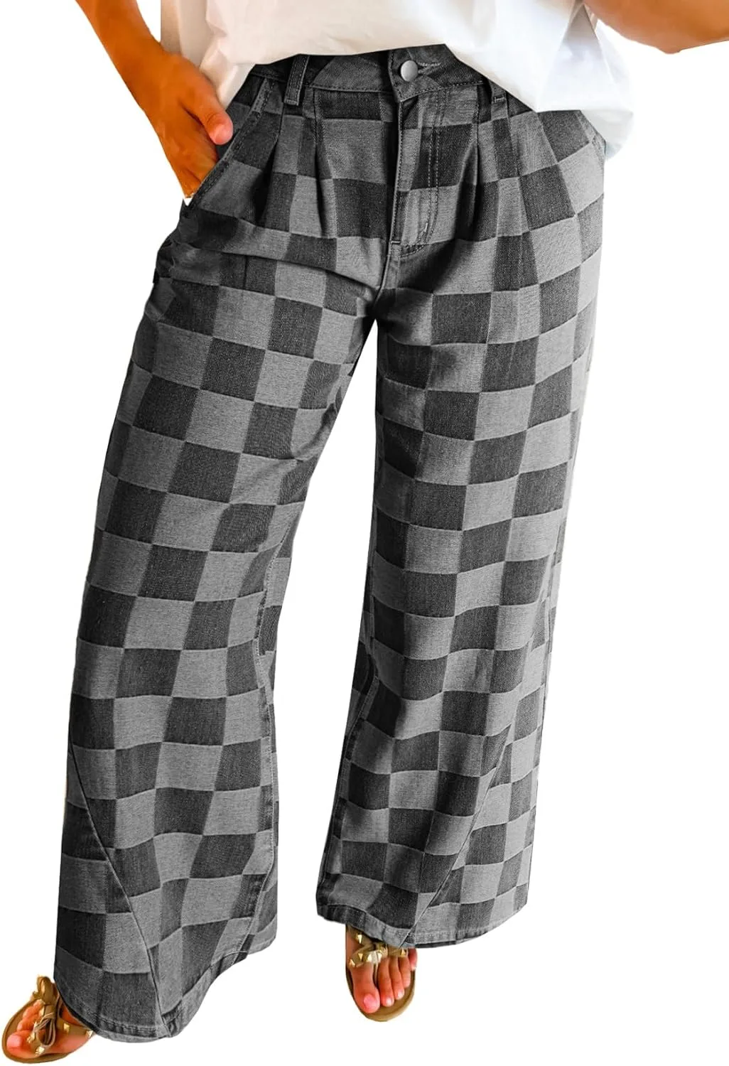 

Женские джинсы в клетку с прямыми широкими штанинами Xadsfeel