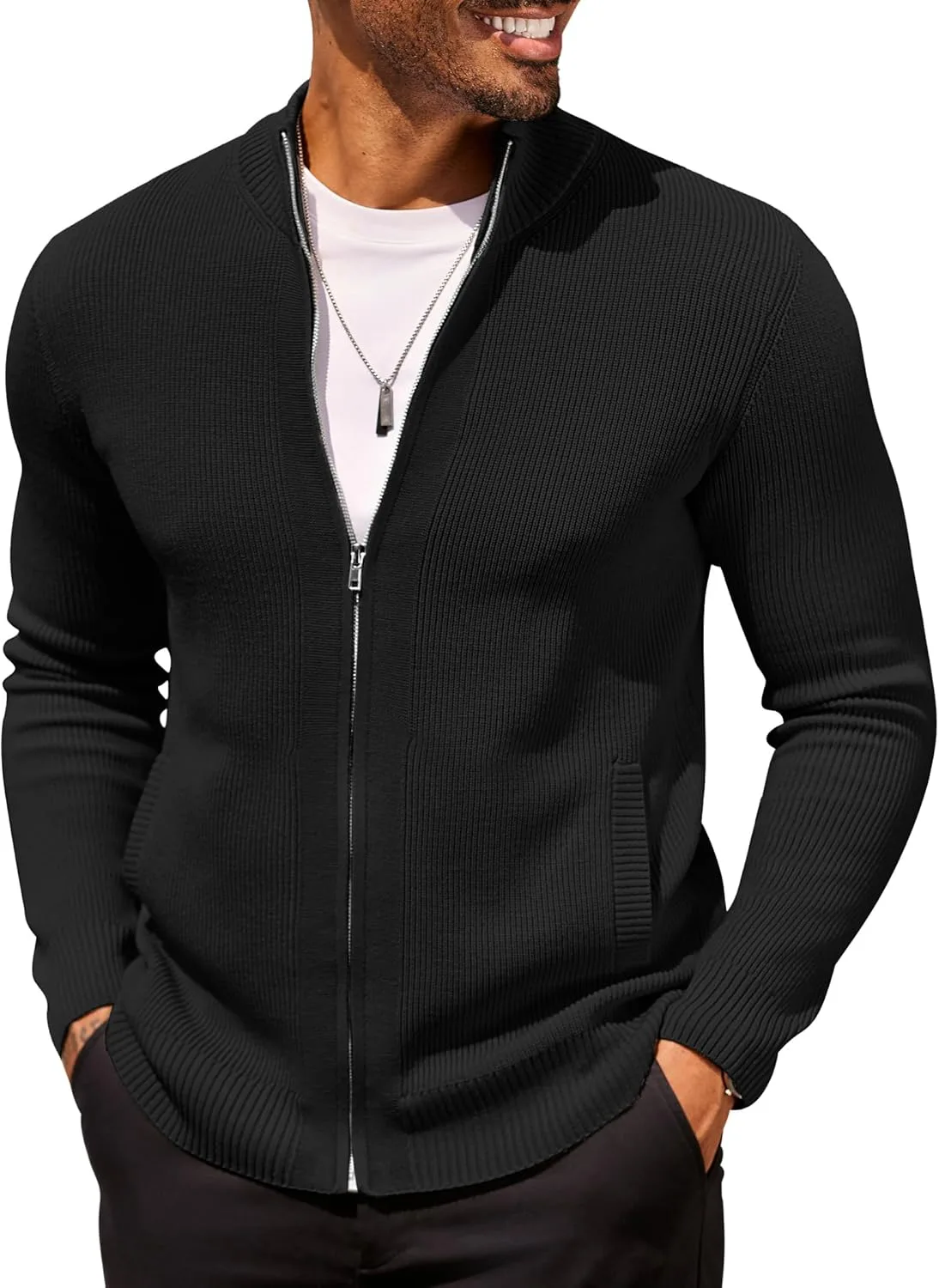 

COOFANDY мужской кардиган на молнии Slim Fit с воротником стойкой и двумя карманами