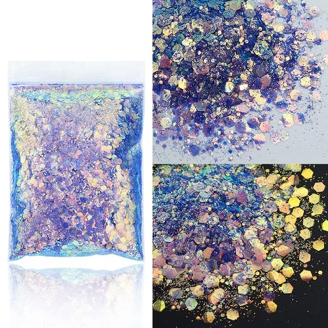 Голографические блестки для маникюра Mixed Hexagon Shape Chunky Nail Glitter 50 г Feiniao