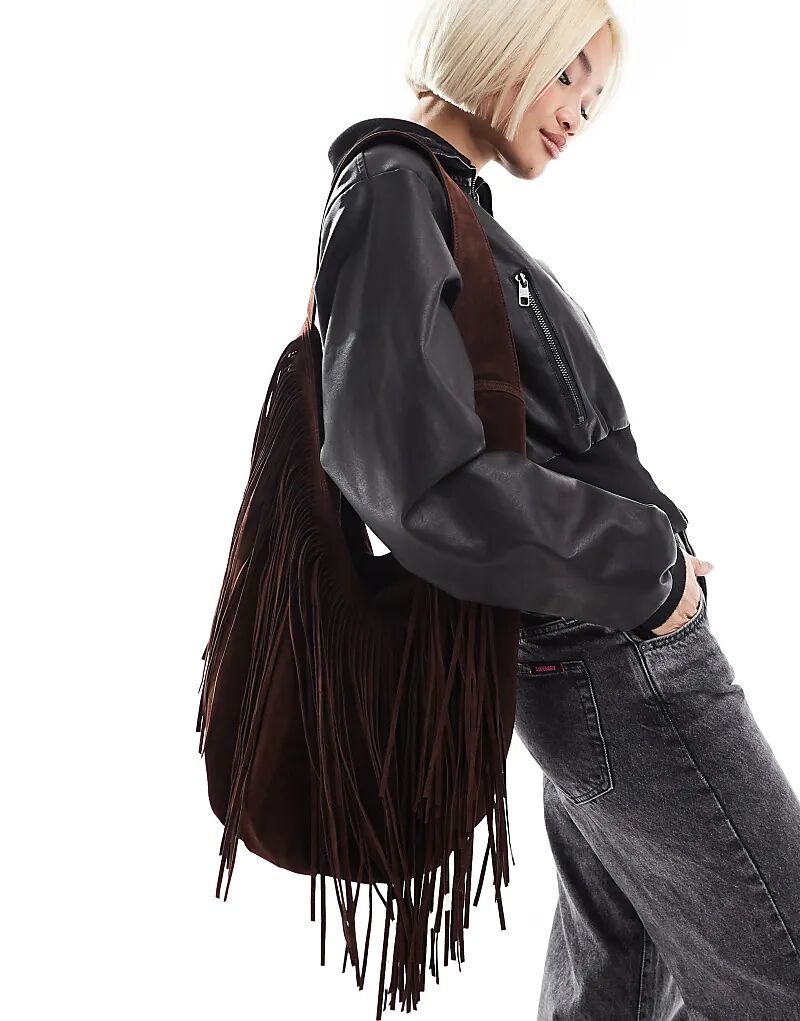 

Glamorous сумка через плечо из искусственной замши с бахромой темно-коричневого цвета