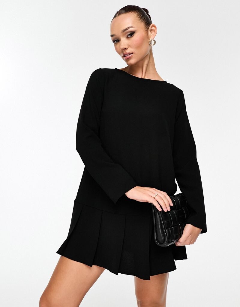 

Черное мини-платье с длинными рукавами, складками и заниженной талией ASOS DESIGN