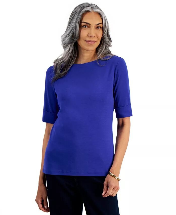 

Миниатюрный хлопковый топ с вырезом лодочкой и рукавами до локтя Style & Co, синий