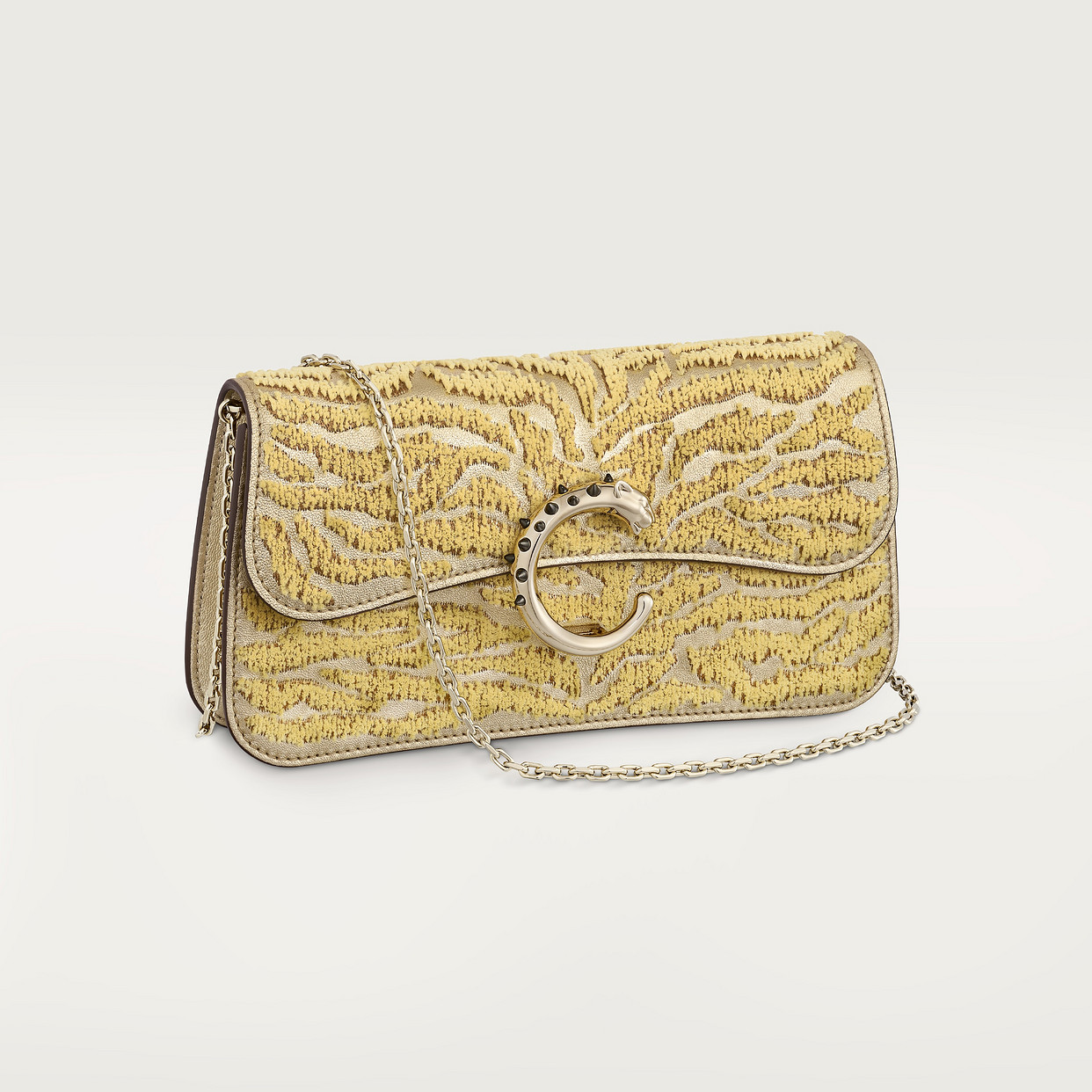 

Вечерняя сумка Cartier Sac chaine mini modèle, Panthère C de Cartier, золотистая металлизированная телячья кожа с вышивкой в виде тигра