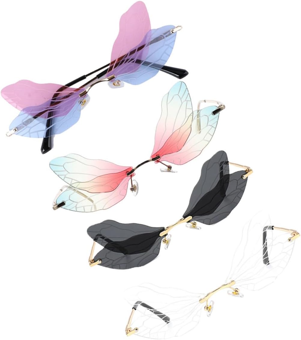 

4 пары женских солнцезащитных очков без оправы в форме крыльев стрекозы, безрамочные очки неправильной формы с золотой оправой, очки с защитой от УФ-излучения для активного отдыха и вечеринок CONGARTENO, Assorted Color