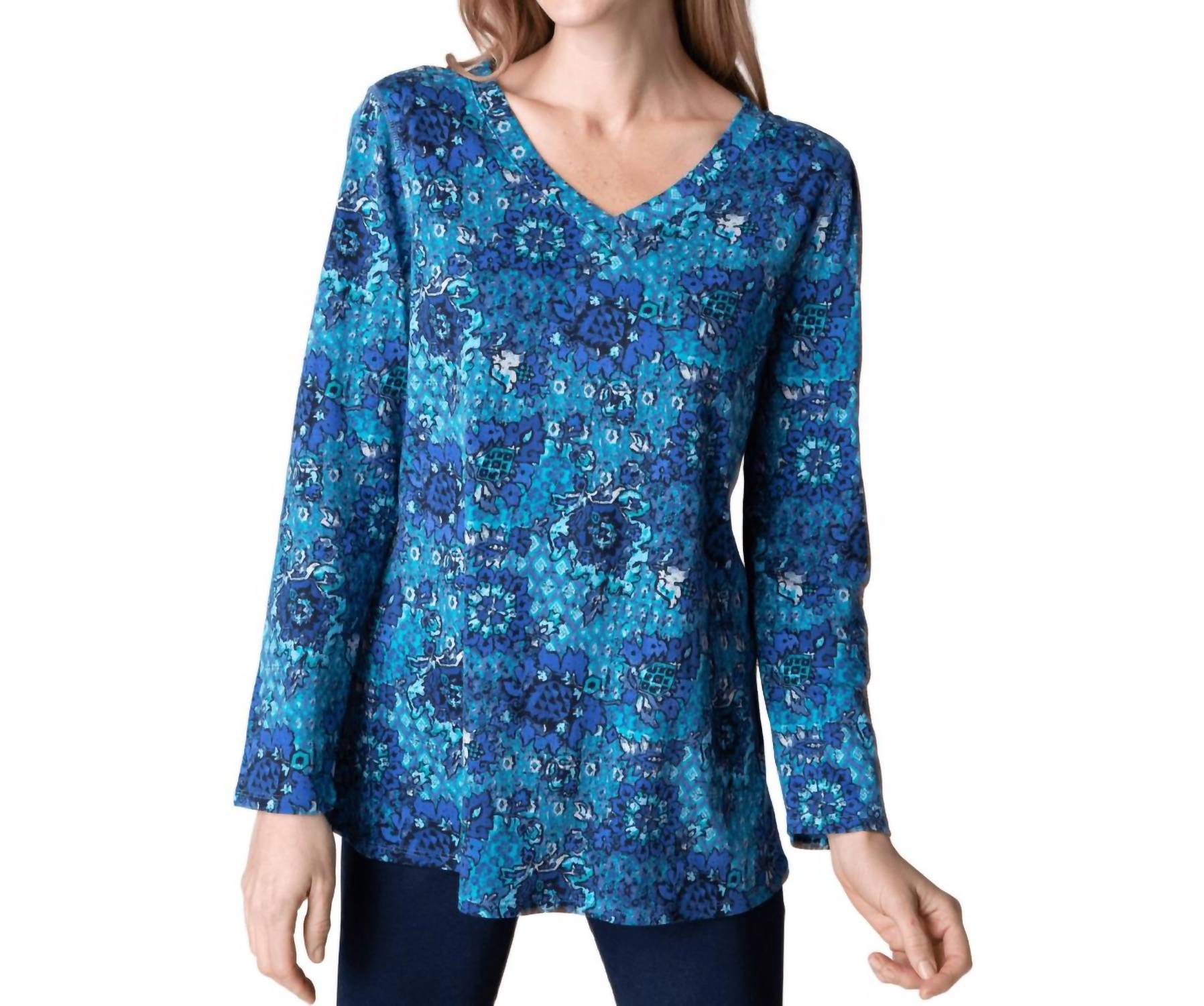 

Хлопковая туника с V-образным вырезом и французским цветочным принтом цвета сапфир Habitat, Sapphire