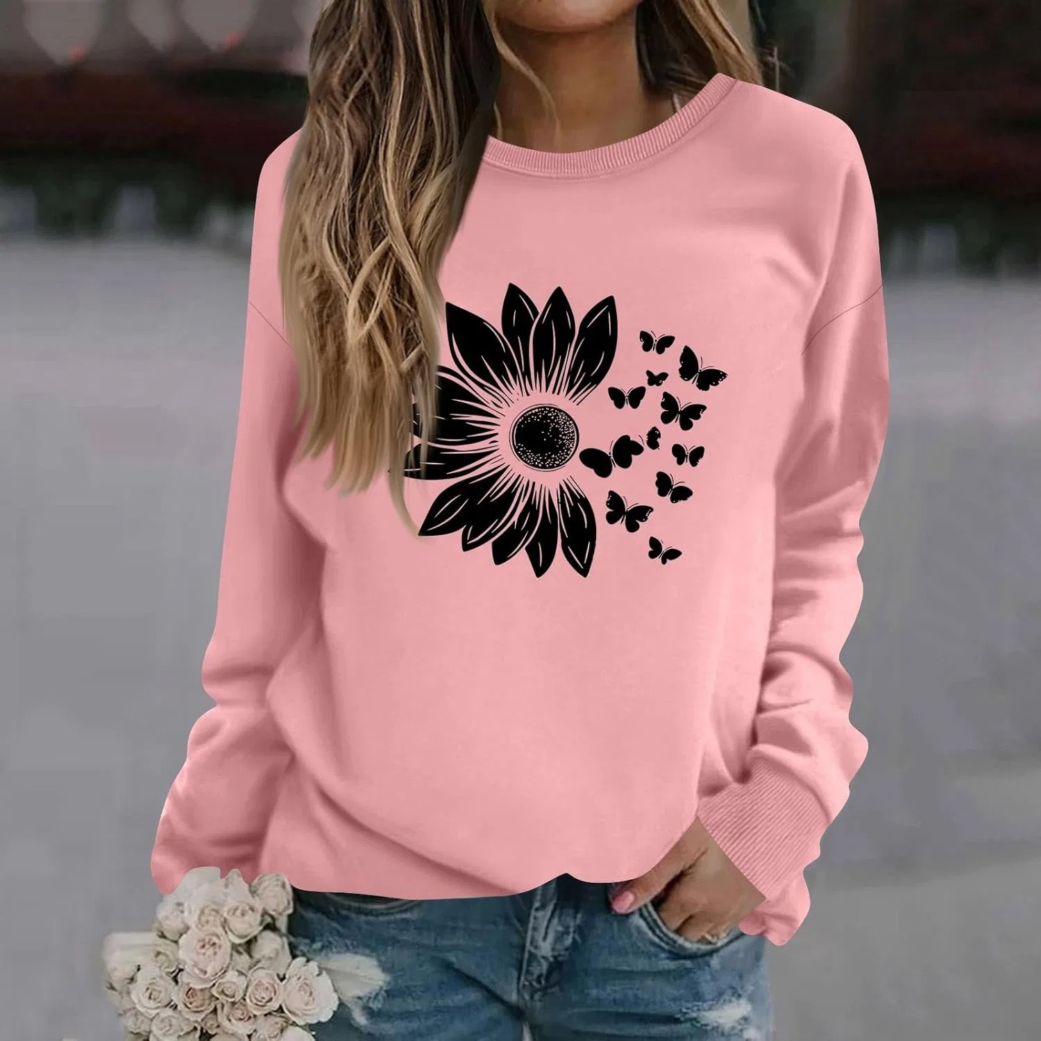 Женская толстовка с цветочным принтом, свободный крой, длинный рукав, 2-pink — фото 3