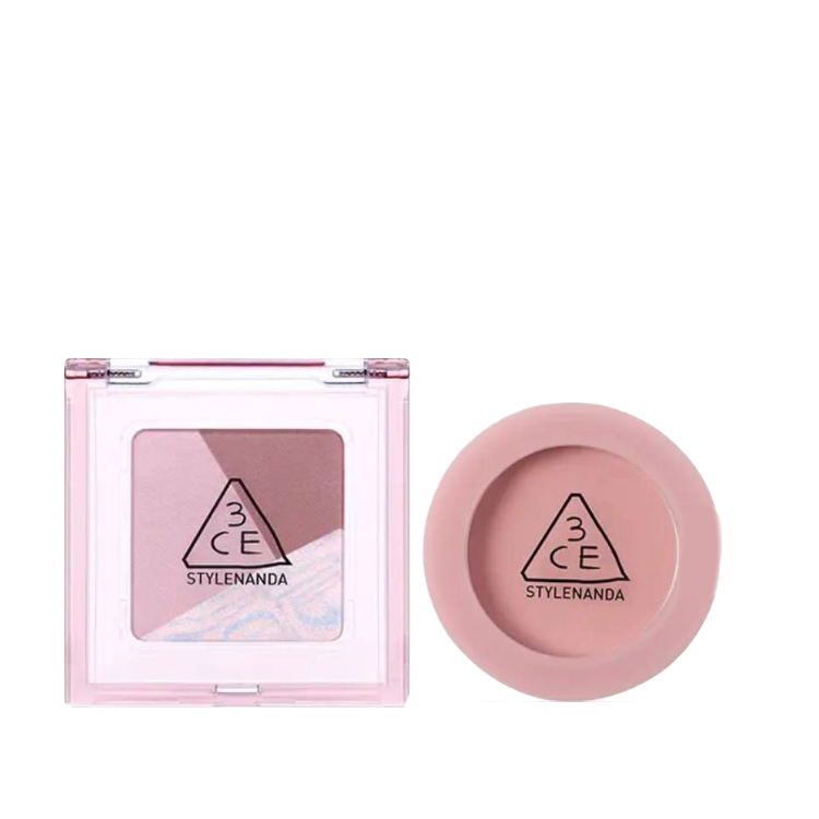 

Тени для век и румяна, 4 оттенка, легко растушевываются, выравнивают тон лица, набор из 2 предметов 3CE, two-piece set: square eye shadow #04 mary розовый+monochrome blush smoke розовый