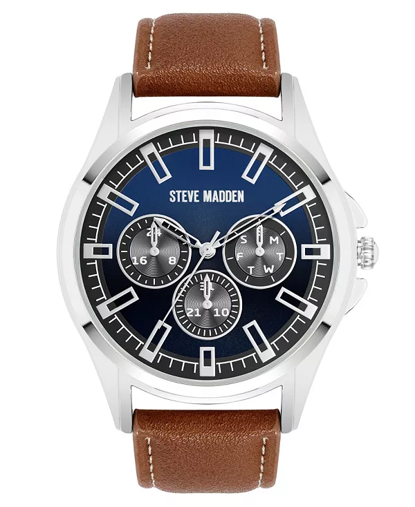 

Мужские фирменные часы из искусственной кожи серебристого тона, сине-коричневого цвета и металлическим сплавом, 45 мм Steve Madden, blue/brown/silver-tone
