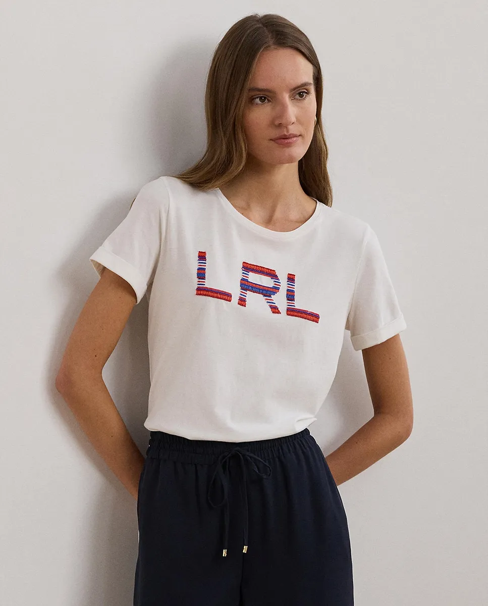 

Женская хлопковая футболка с принтом спереди Lauren Ralph Lauren, белый
