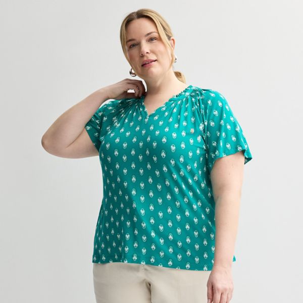 

Топ реглан больших размеров со сборками Croft & Barrow, цвет green simple foulard