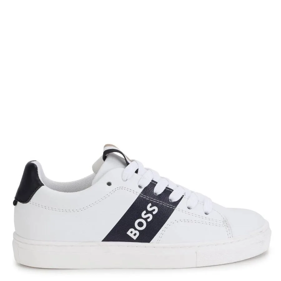 Кожаные кроссовки Hugo Boss Kids с логотипом и полосками, белый